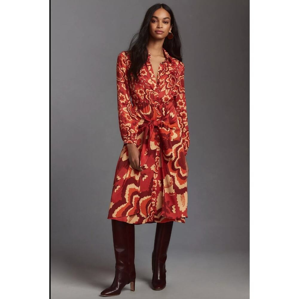 Farm Rio Long-Sleeve V-Neck Floral Midi Shirt Dress‎